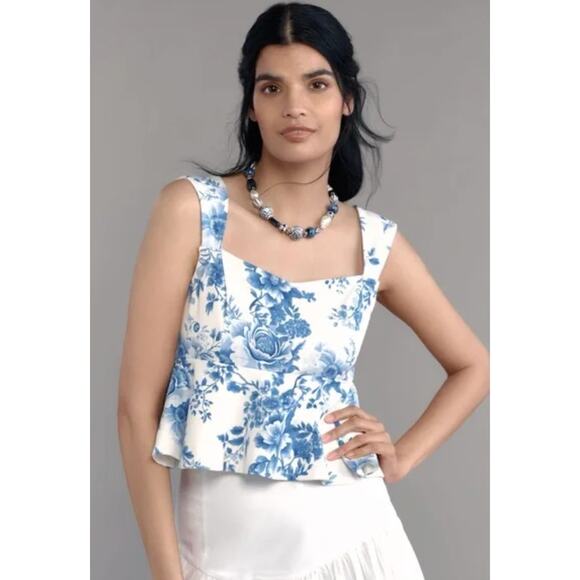 NWT Anthropologie Maeve Peplum Crop XS Blue Floral Tank - Picture 1 of 7